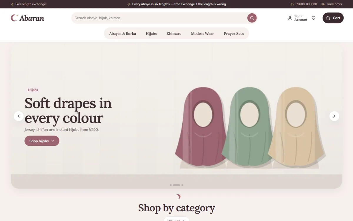 Abaran theme for an abaya business selling borka, hijab and khimar online