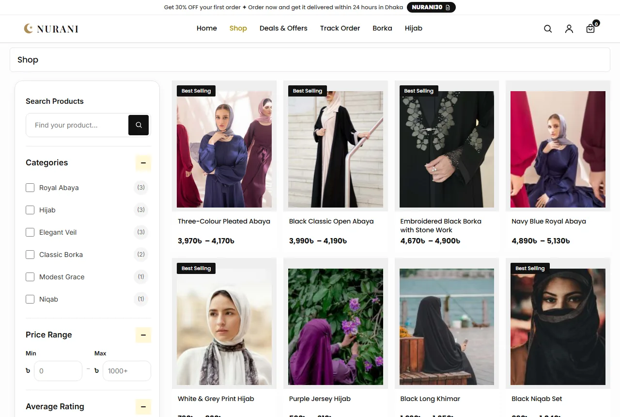 Abaya website design example: Nurani demo shop