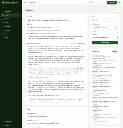 Post editor with Markdown body and the 17-point SEO score panel