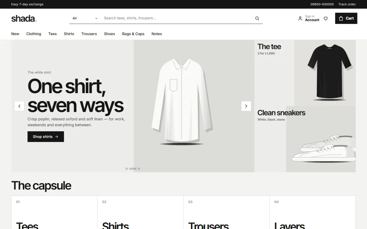 Shada apparel website template in off-white and black for a basics label