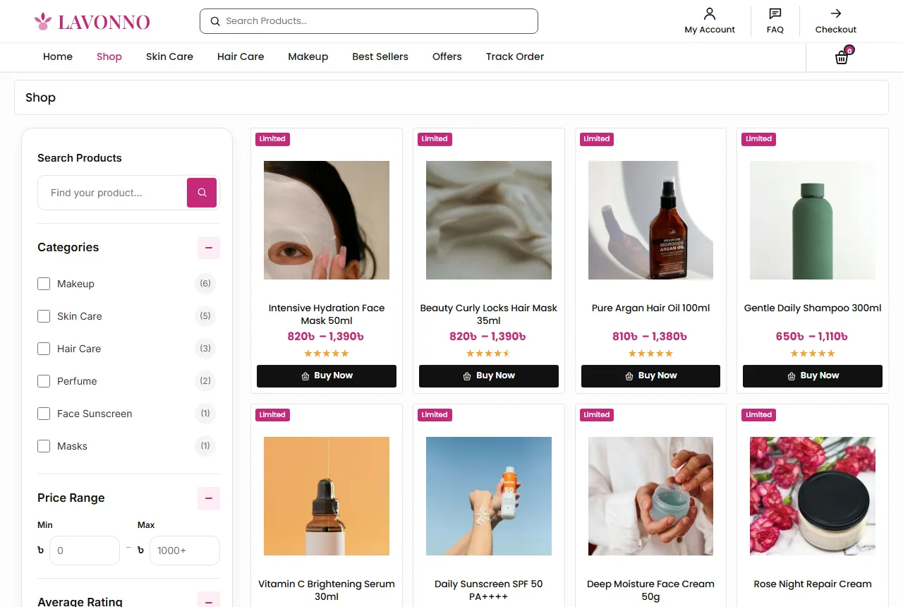 Beauty products website design example: Lavonno demo shop