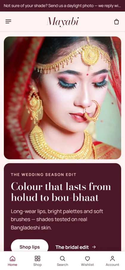 Mayabi make-up shop on a phone with a bridal look photo, a berry headline panel and a bottom bar
