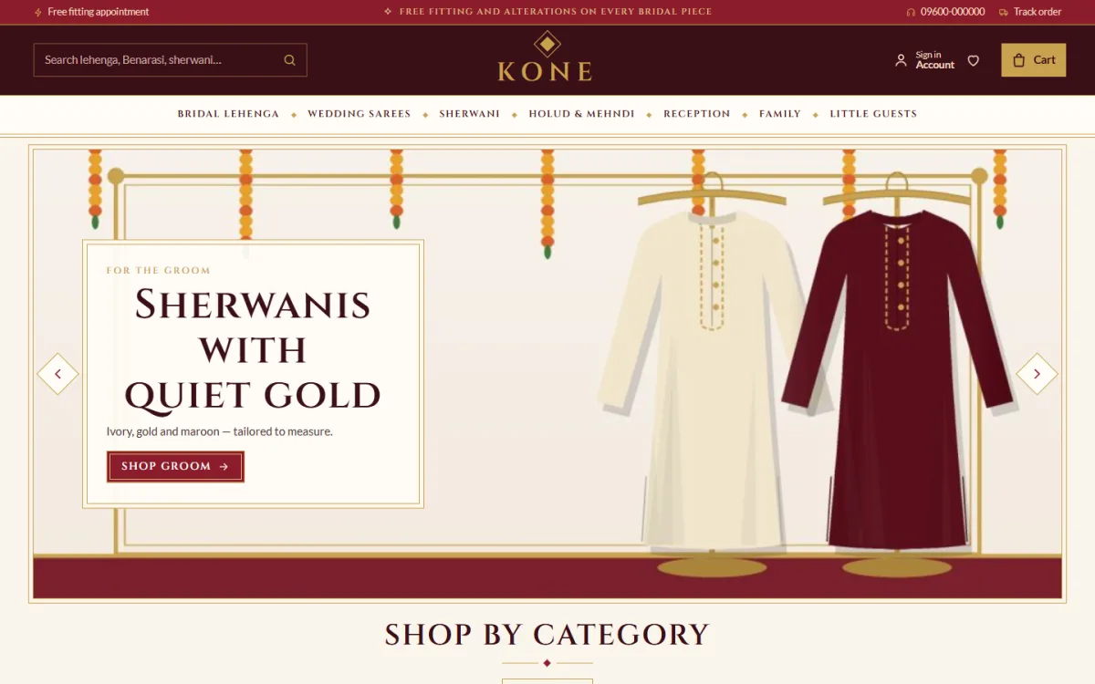 Kone bridal shop business homepage on a desktop with sherwanis and marigold garlands