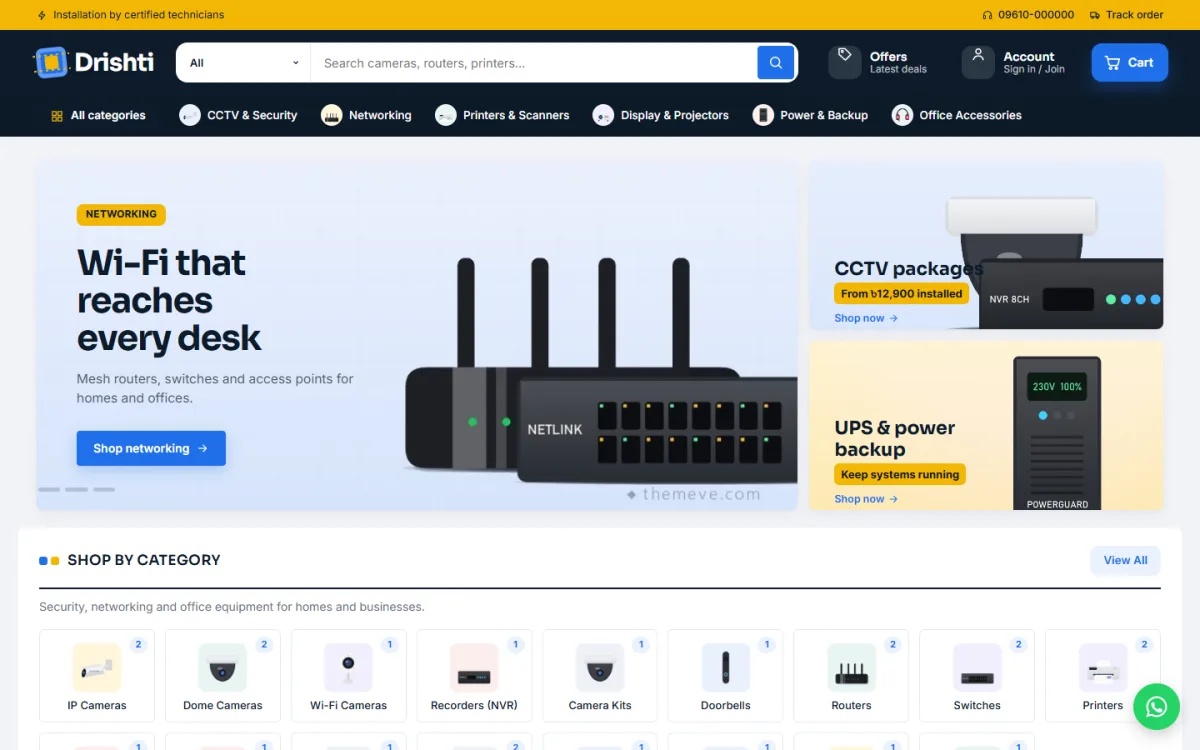 Drishti theme homepage for a CCTV business with networking slider and category tiles on a desktop