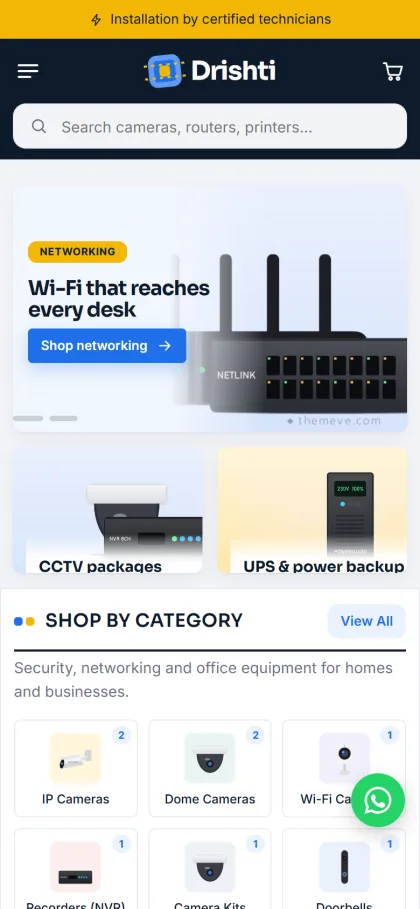 Drishti security and networking store on a mobile phone with search box and category tiles