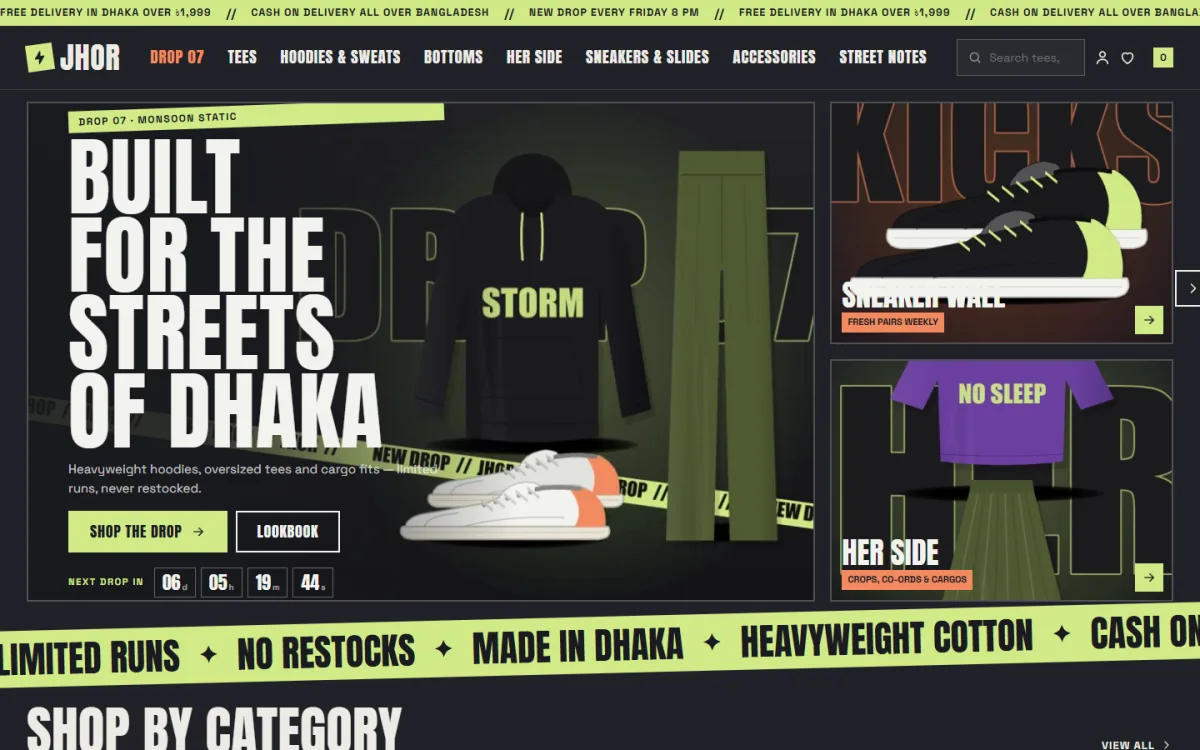 Jhor clothing brand website template homepage with a drop countdown hero on desktop