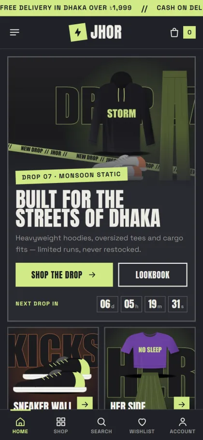 Jhor streetwear store on a mobile phone with the drop hero, countdown and side tiles