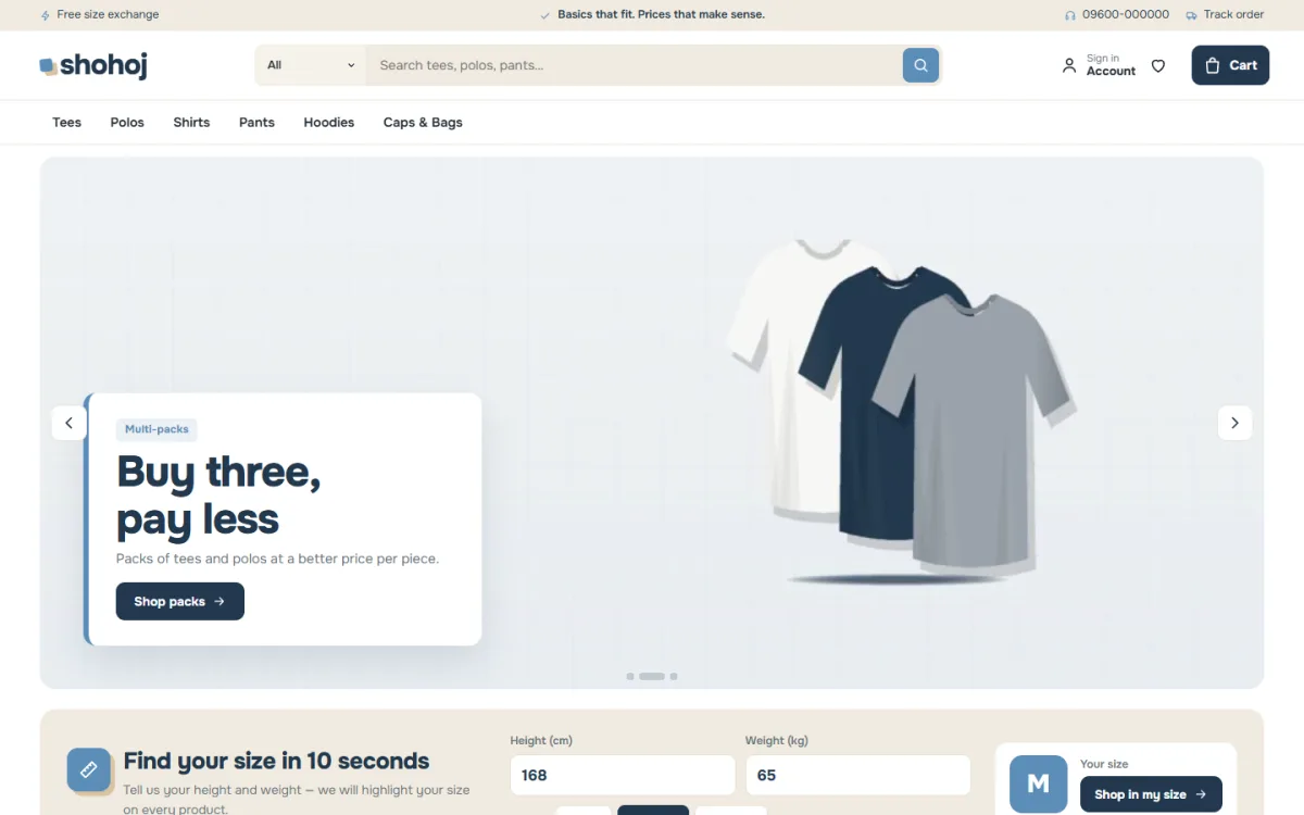Shohoj clothing store website template homepage with a multi-pack slider and find your size helper