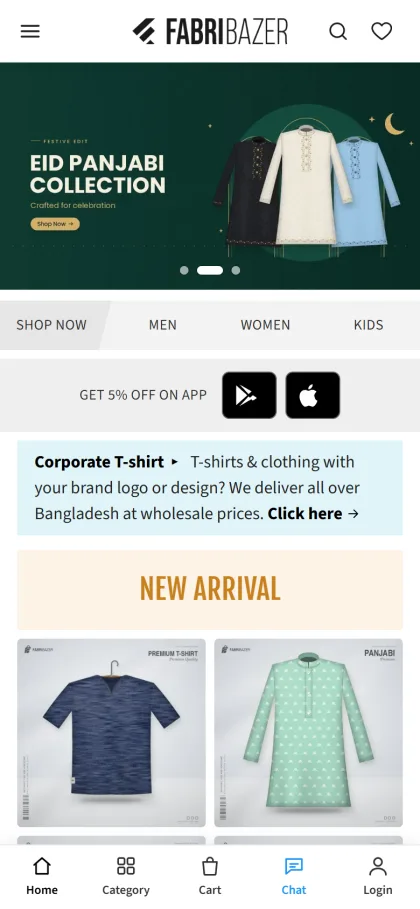 Fabri Bazer clothing shop on a mobile phone with a category strip, new arrivals and a bottom bar with chat