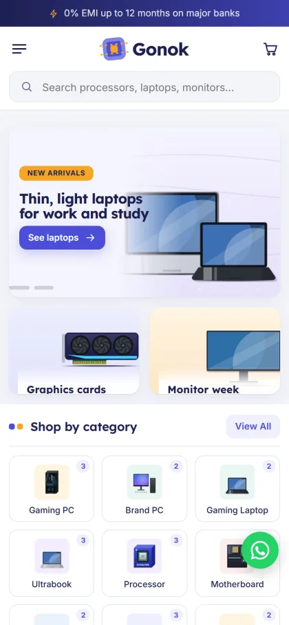 Gonok computer store on a mobile phone with search, laptop slide and category tiles