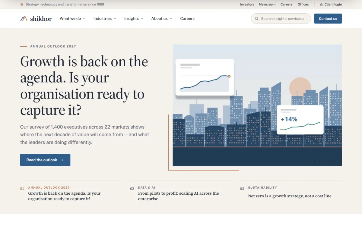 Shikhor consulting website template homepage with a featured outlook story and story tabs