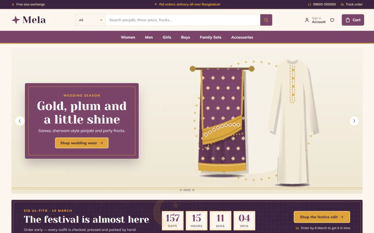 Mela Eid collection website homepage on a desktop with an invitation-card hero and festival countdown