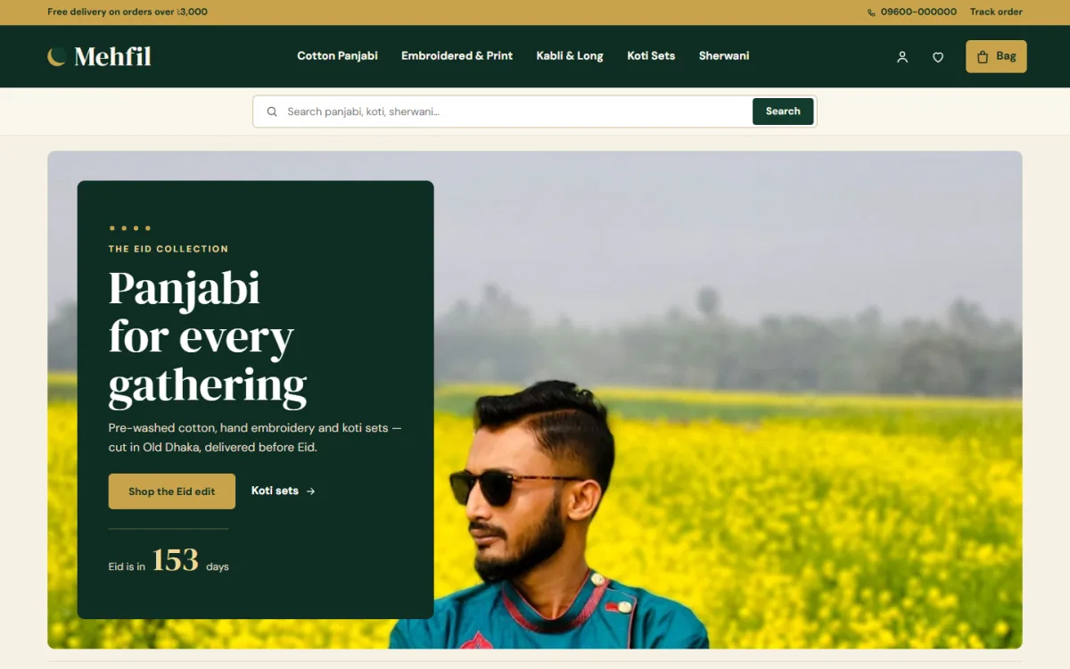 Ethnic wear website homepage on a desktop with a green Eid hero panel and days to Eid counter