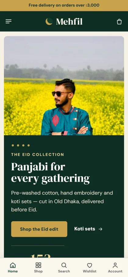 Mehfil panjabi store on a mobile phone with the Eid collection hero and bottom bar
