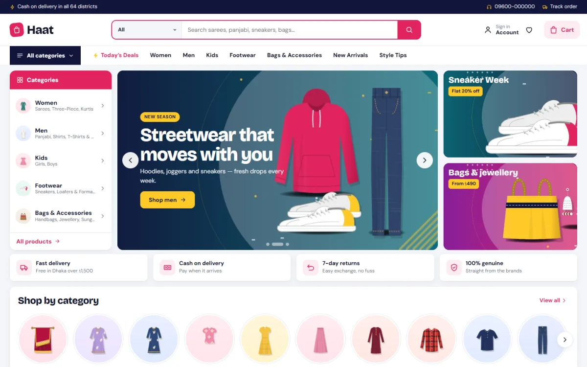 Haat fashion ecommerce theme homepage on a desktop with category search and hero slider