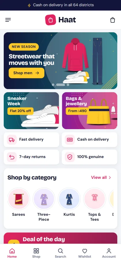 Haat clothing store homepage on a mobile phone with promos, service strip and categories
