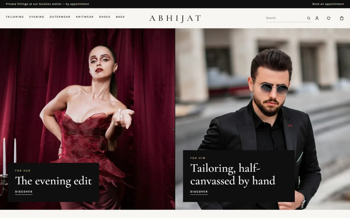 Abhijat fashion house website template homepage with a two-half hero for her and for him