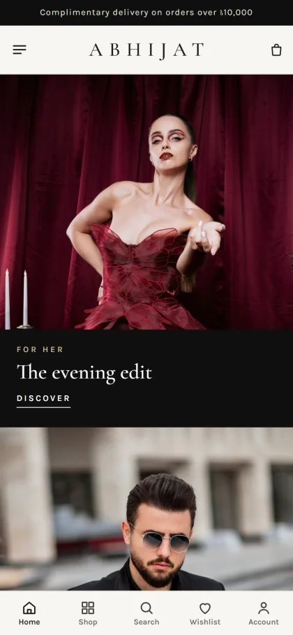Abhijat boutique website on a mobile phone with the evening edit hero