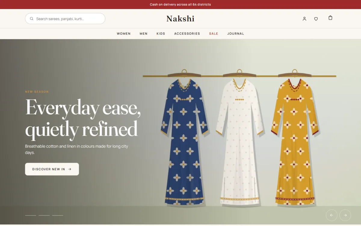 Nakshi fashion WordPress theme homepage on a desktop computer