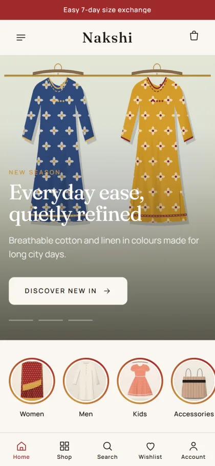 Nakshi clothing store homepage on a mobile phone