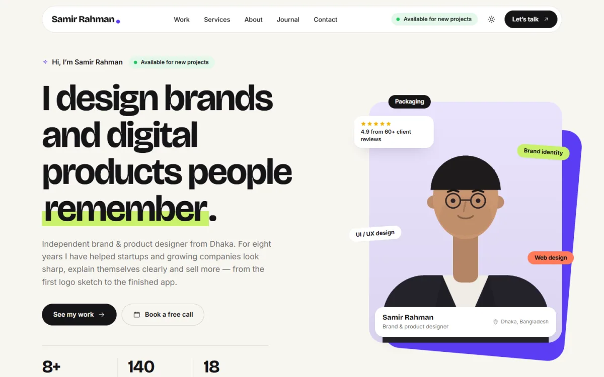 Rupkar freelancer portfolio website homepage on a desktop with a large headline and illustrated portrait