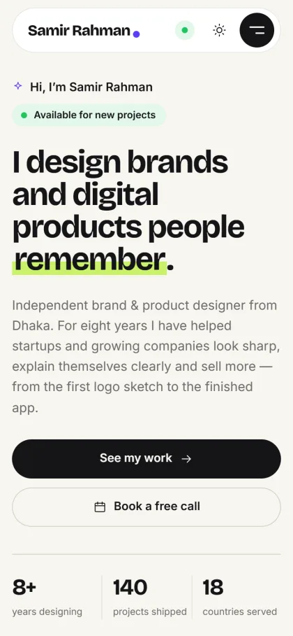 Rupkar designer portfolio on a mobile phone with headline, buttons and key numbers