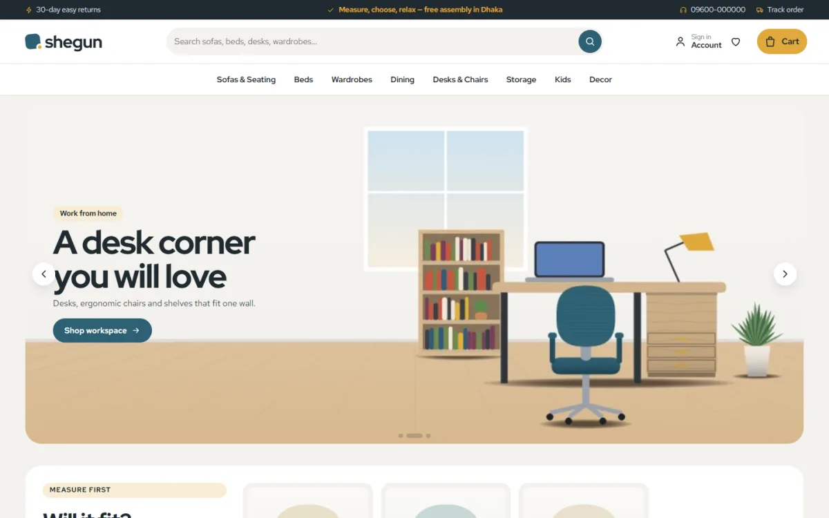 Modern furniture ecommerce website homepage on a desktop with a work-from-home slide