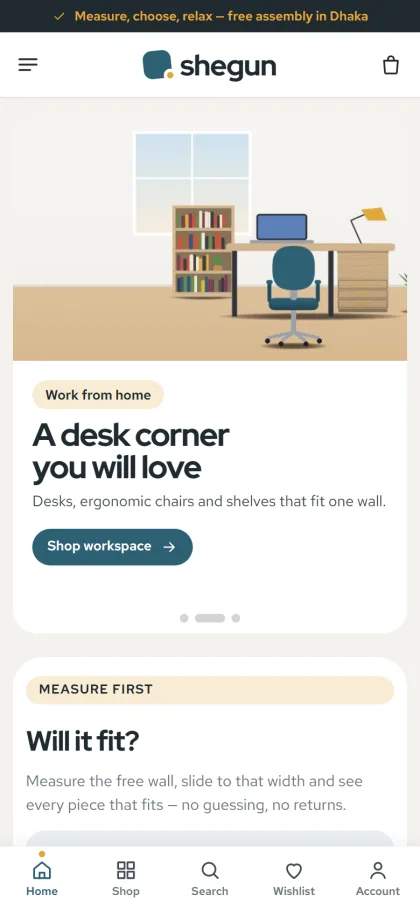 Shegun furniture store demo on a phone showing the Will it fit? block