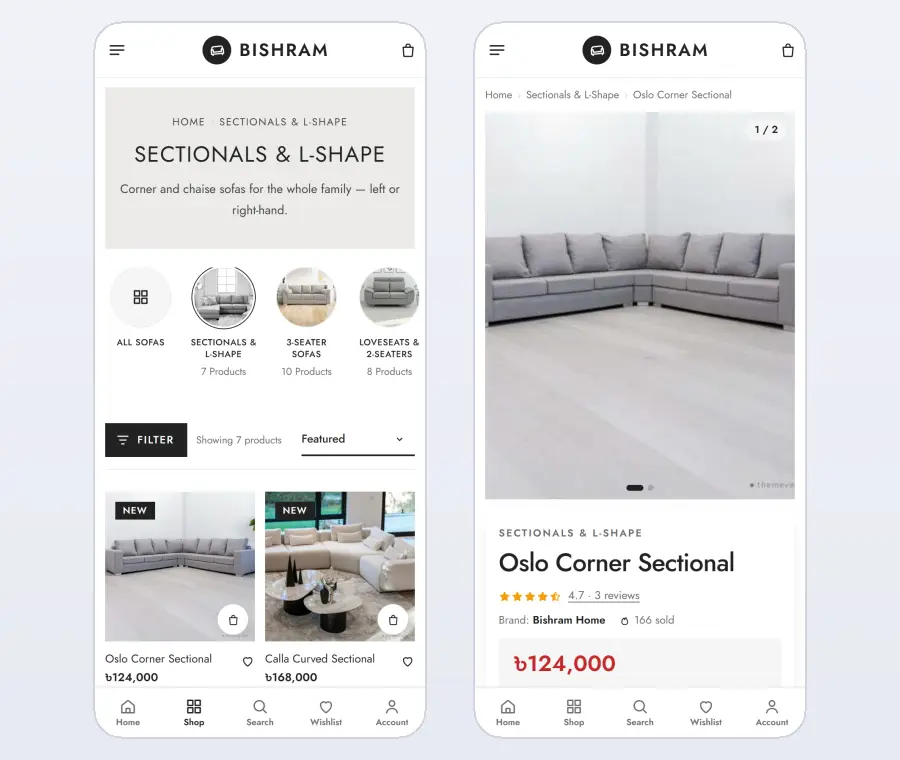 Furniture interior website design on mobile – Bishram category and product pages