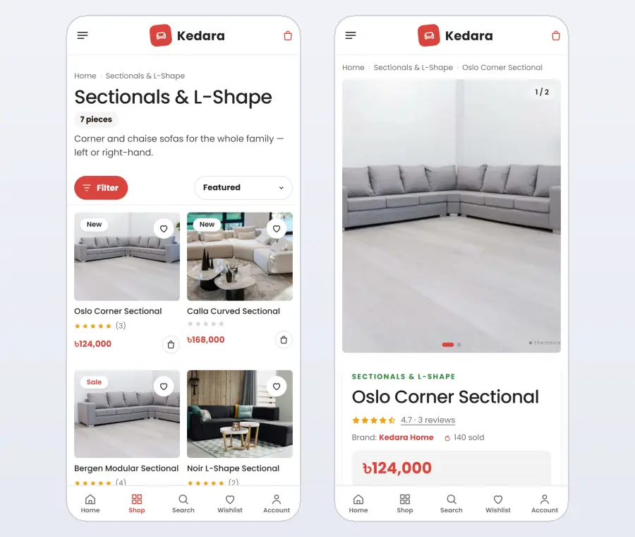Furniture store website design on mobile – Kedara category and product pages