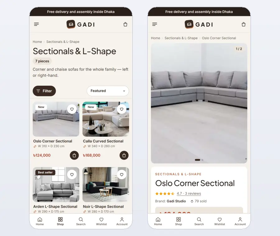 Furniture website design on mobile – Gadi category and product pages