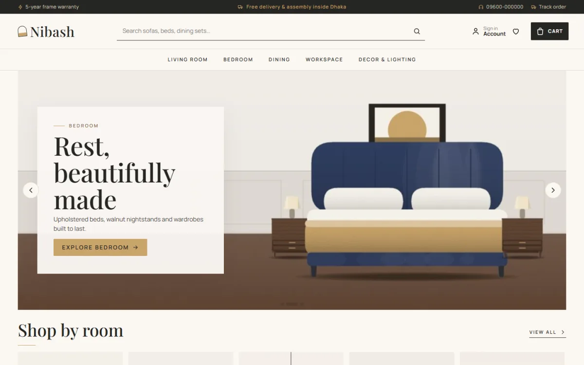 Luxury furniture website template homepage on a desktop with a bedroom hero slide