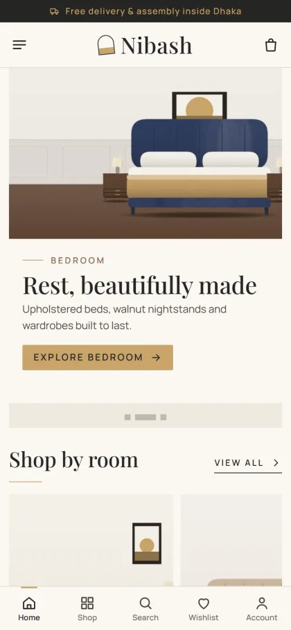 Nibash luxury furniture showroom demo on a mobile phone