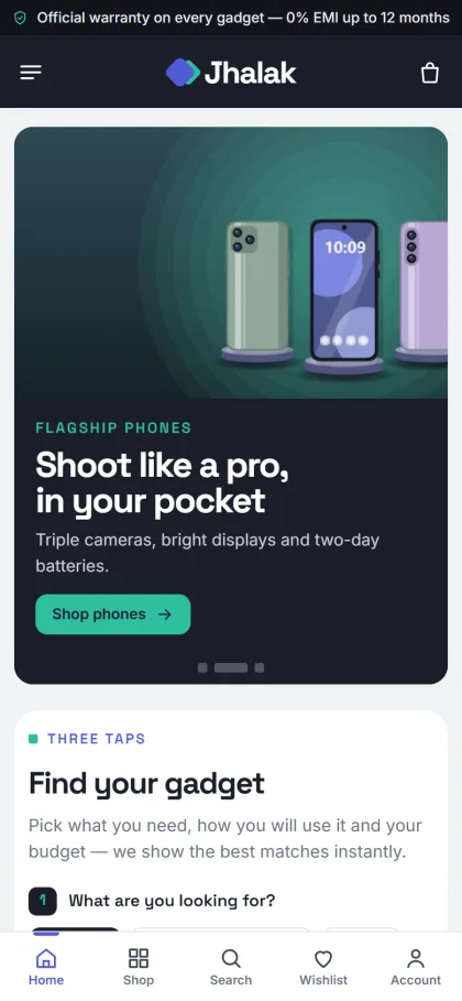 Jhalak gadget shop on a mobile phone with hero slide and Find your gadget block