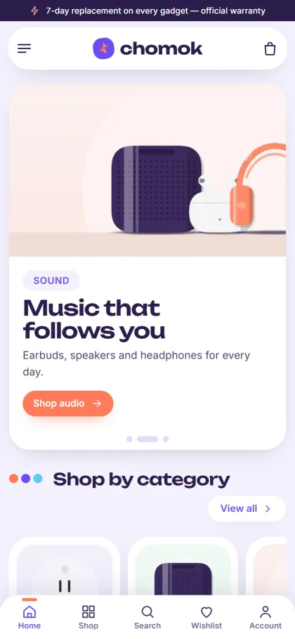 Chomok gadget website template on a mobile phone with Sound slide and category tiles