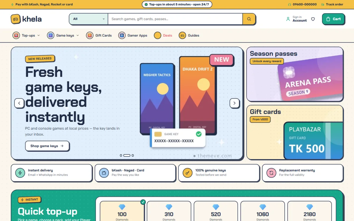 Khela game top up website homepage on a desktop with menu, hero slide and diamond packs