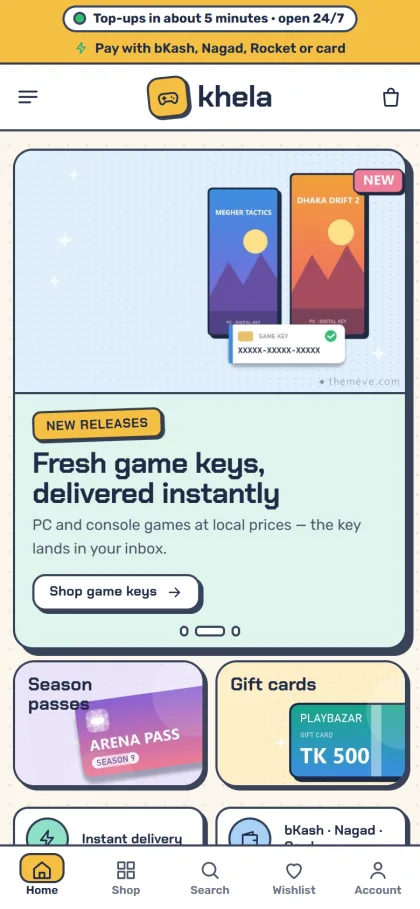 Khela top-up store on a mobile phone with a bottom navigation bar