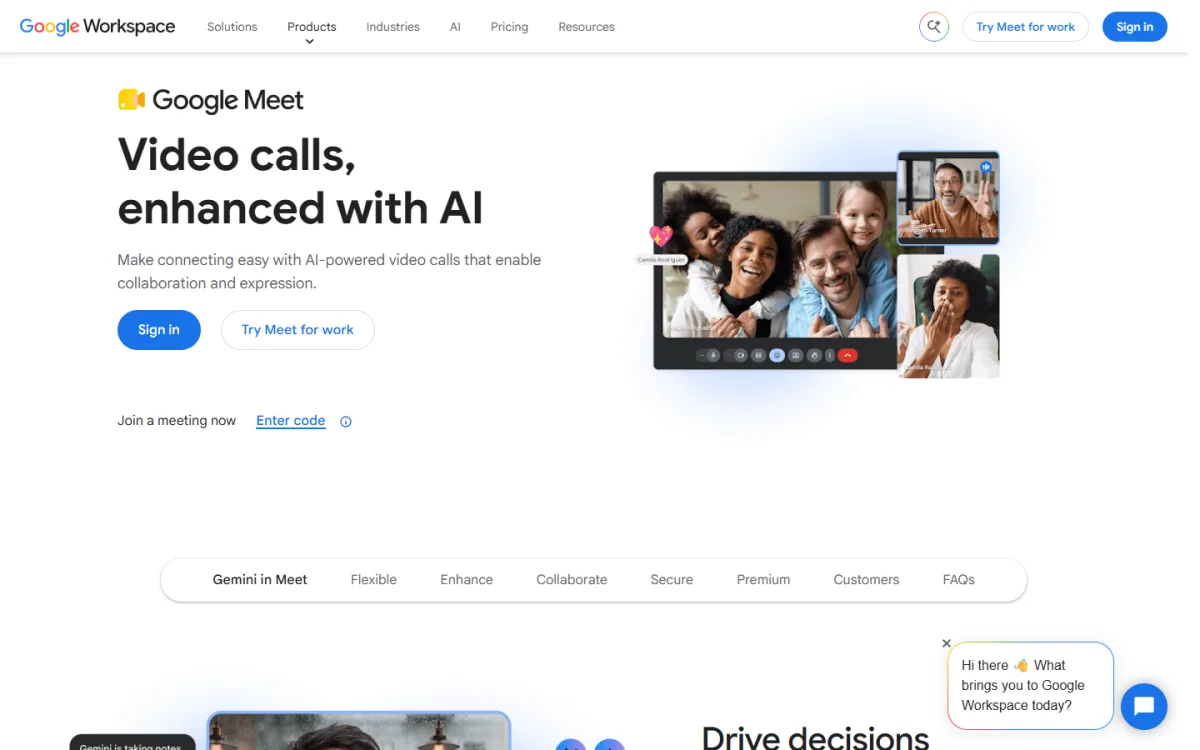 Google Meet homepage on a desktop, the starting point for a google meet paid plan