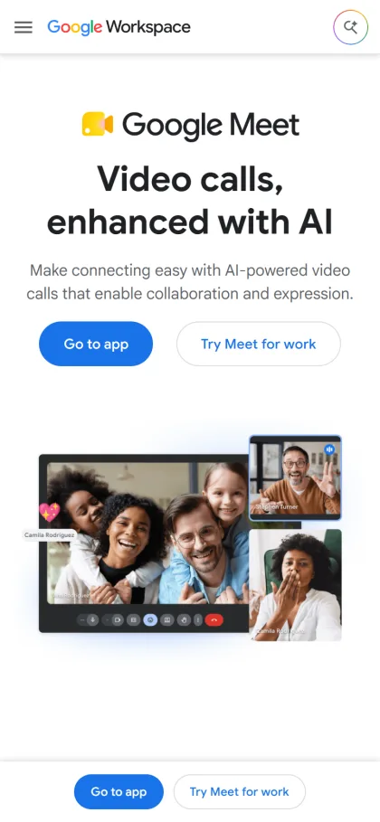 Google Meet page on a mobile phone with Go to app and Try Meet for work buttons