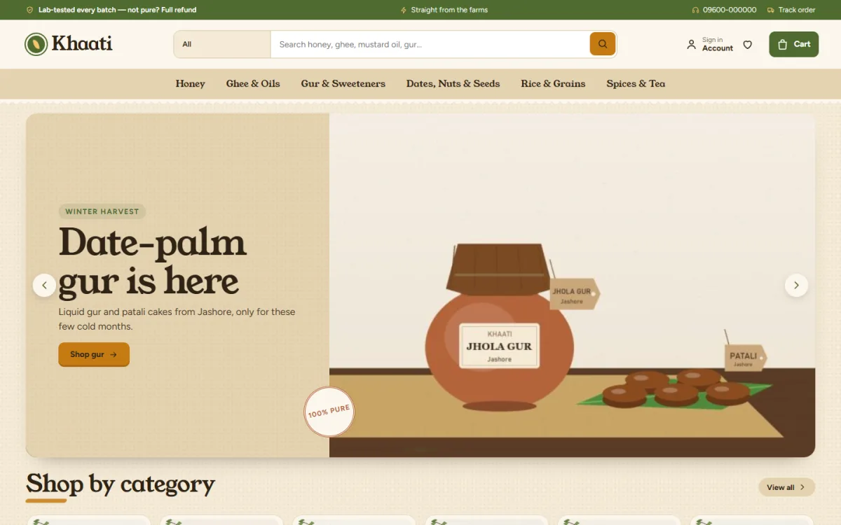 Khaati grocery ecommerce website homepage on a desktop with a winter gur slider