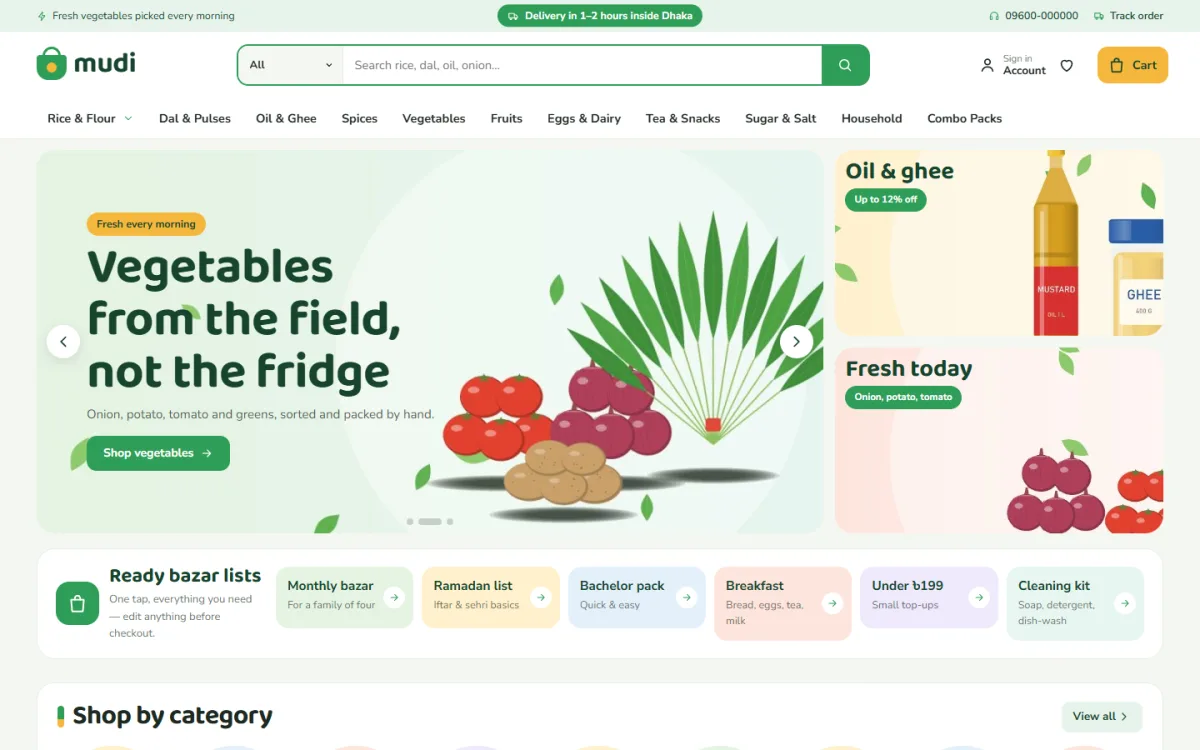 Grocery website template homepage on a desktop with a fresh vegetables slide and bazar lists