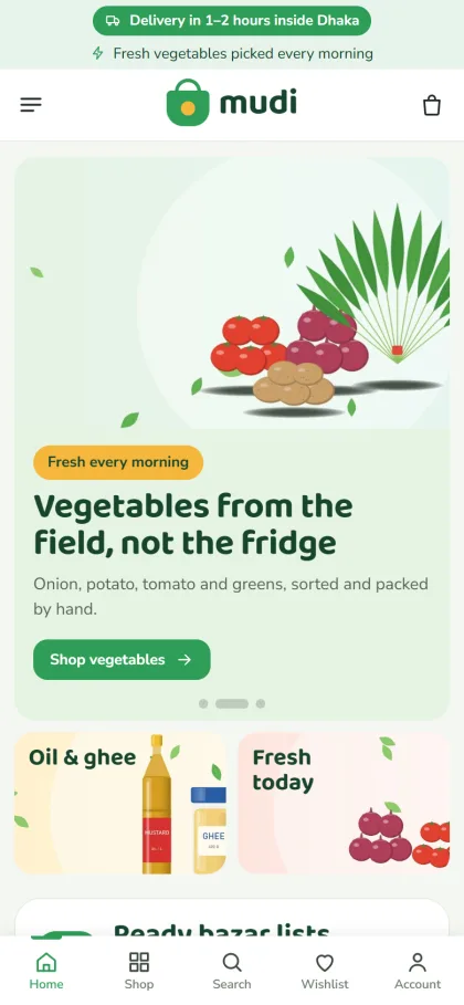 Mudi grocery shop demo on a mobile phone with promo cards and a bottom menu