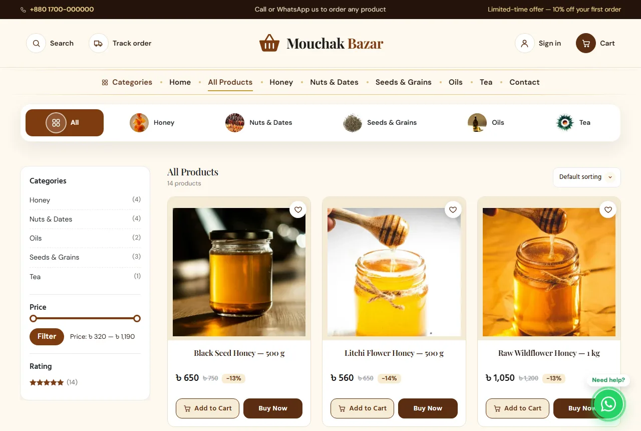 Grocery website UI design – Mouchak products page with honey and healthy food cards