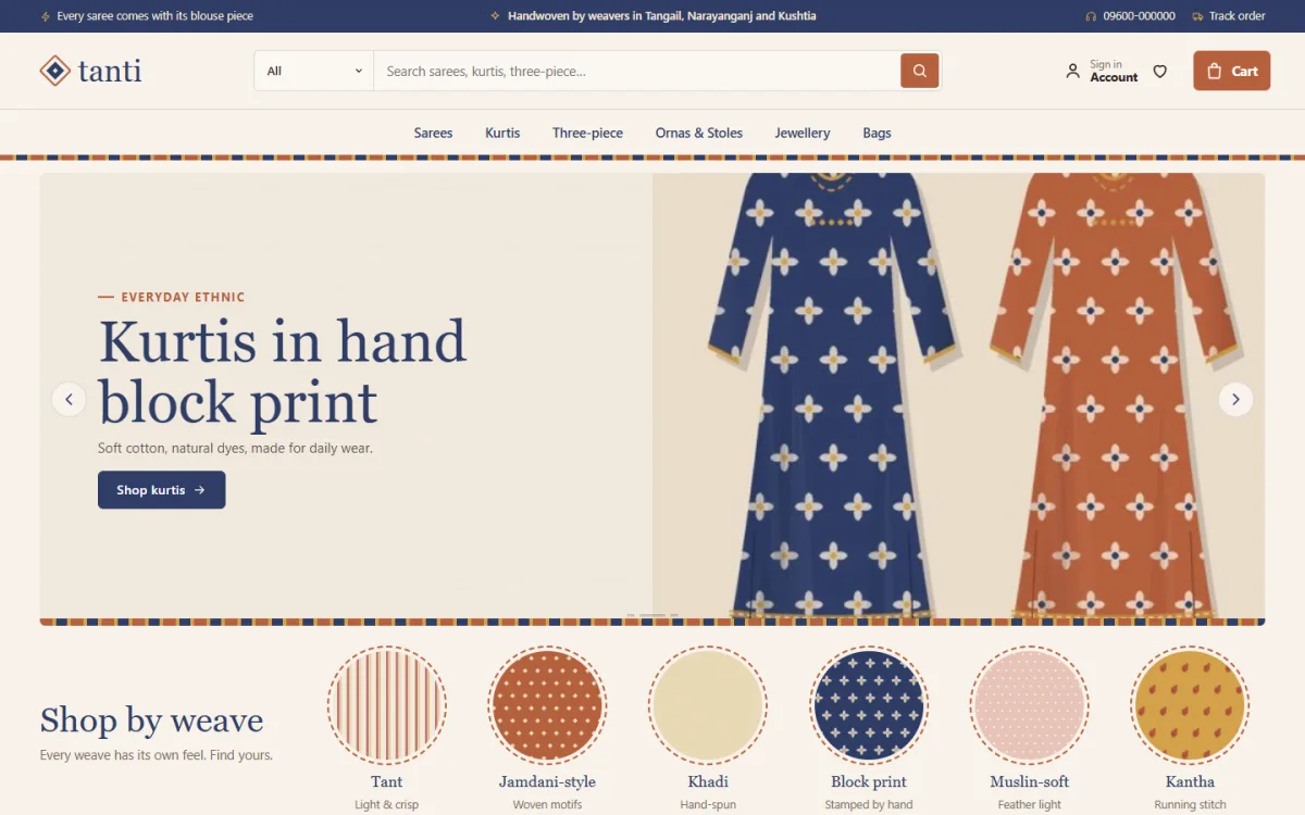 Tanti handloom website homepage on a desktop with a block print kurti slider and shop by weave swatches
