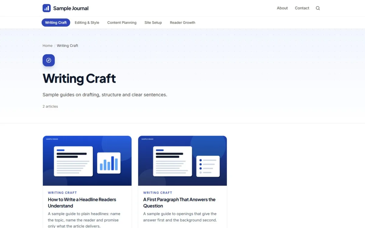 Category page with an icon header, description, article count and article cards