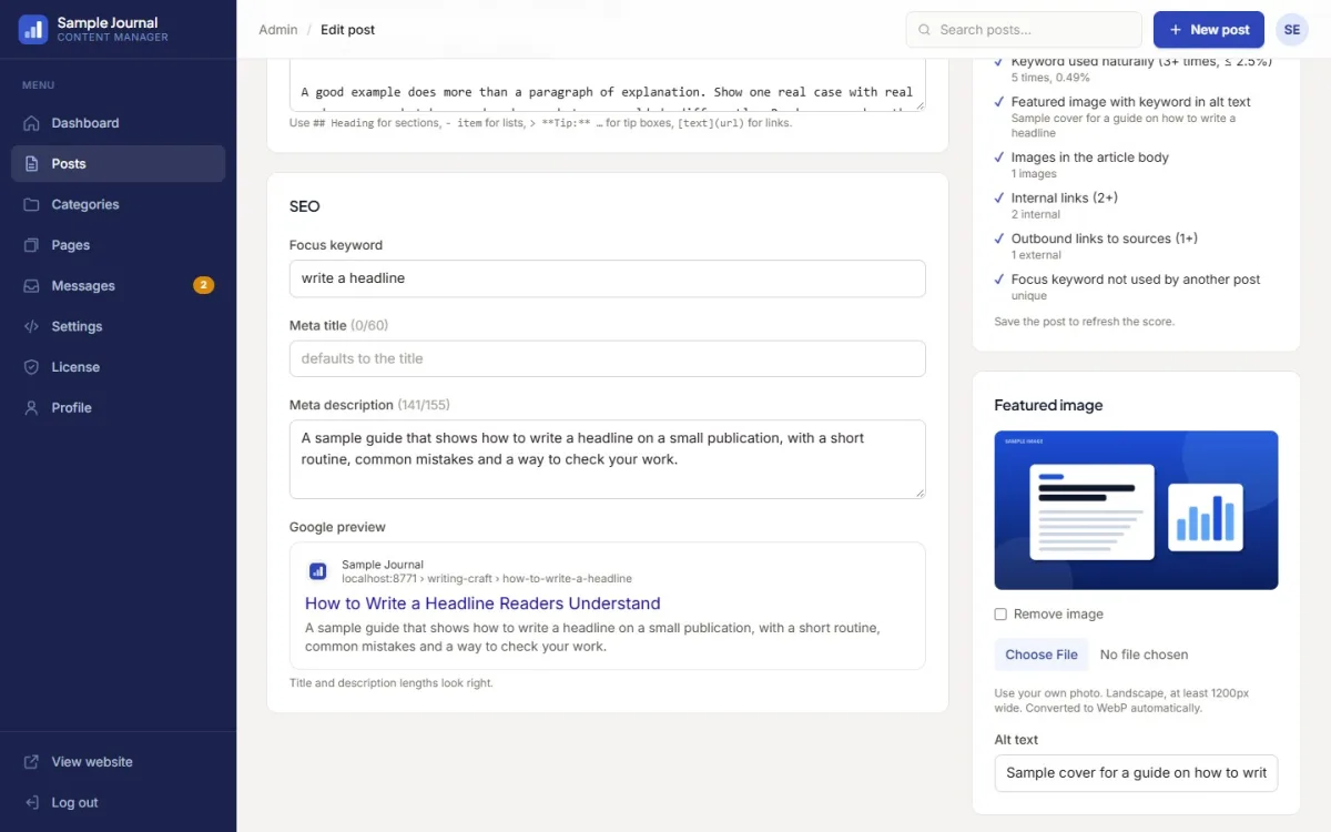 Google preview in the post editor showing the site name, URL, title and meta description