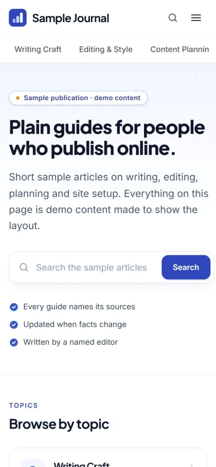 Blog home page on a phone with headline, search box and three short trust points
