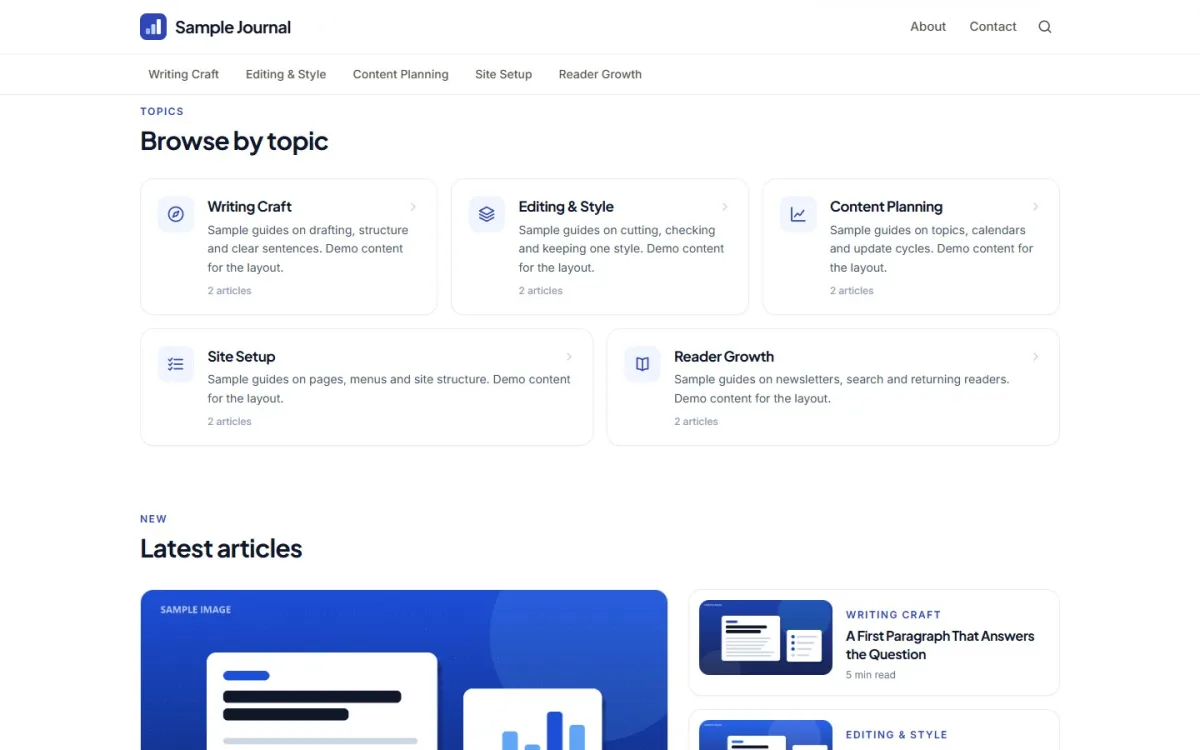 Topic cards on the home page of a blog for AdSense approval, each with an icon, description and article count
