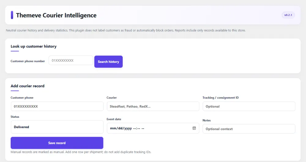 How to create courier tracking website with wordpress – Courier Intelligence settings screen
