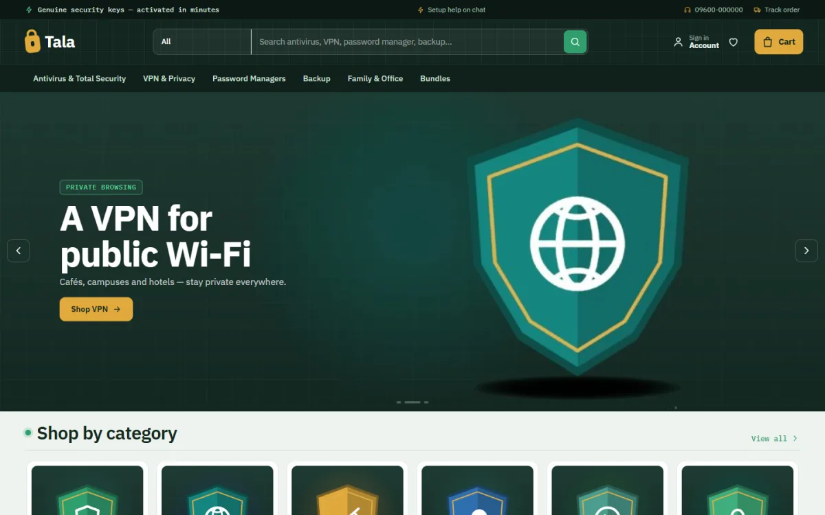 Tala store homepage showing how to sell antivirus online with security software categories